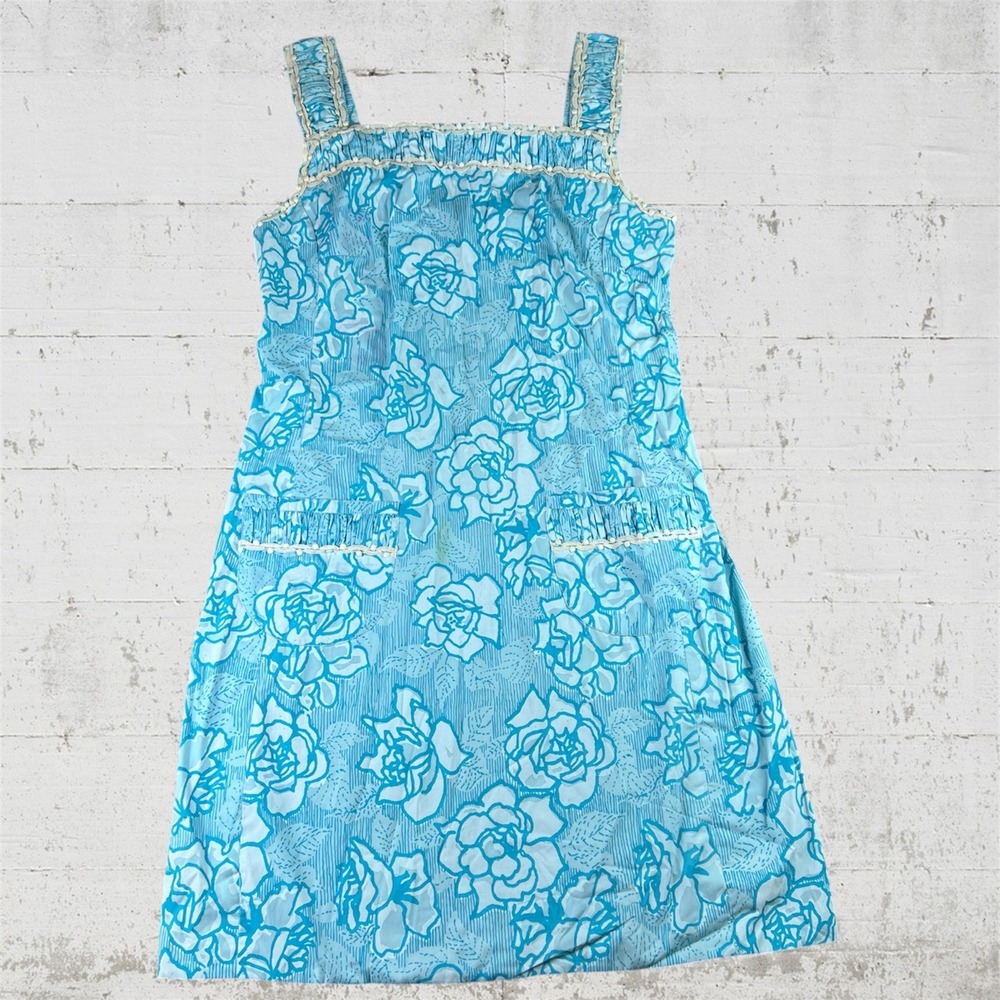 Vintage Lilly Pulitzer Midi Shift Dress Women's 16 Blue Floral 60s 70s Cottage
